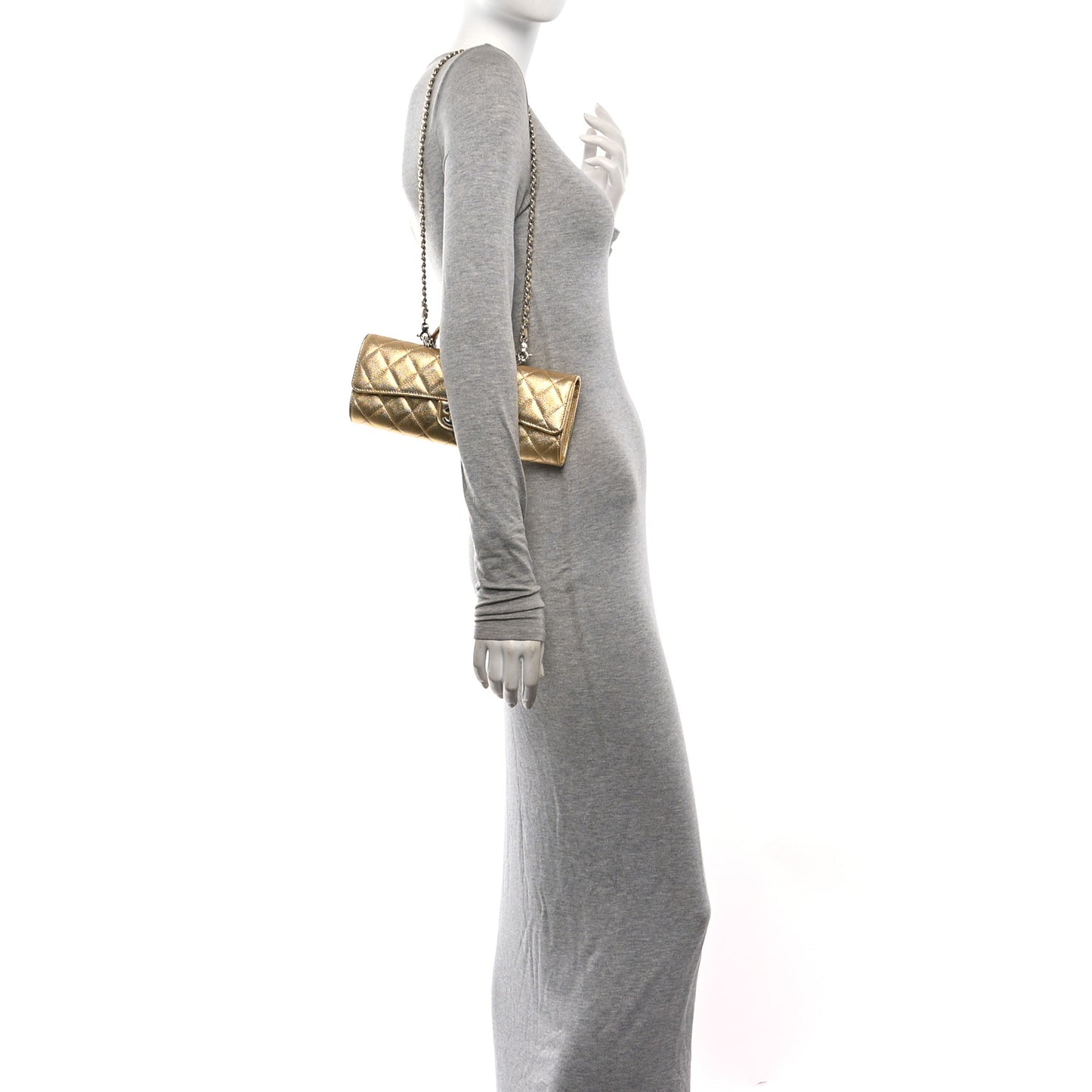 Metallic Caviar Quilted Top Handle Flap Clutch With Chain Gold