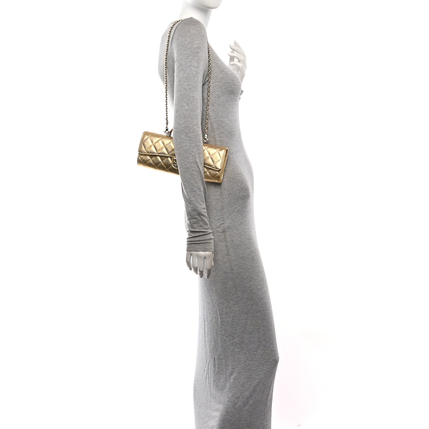Chanel Metallic Caviar Quilted Top Handle Flap Clutch With Chain Gold 2 of 12