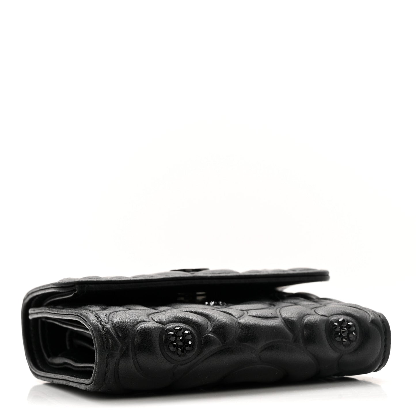 Lambskin Crystal Camellia Embossed Small Double Wallet Black
