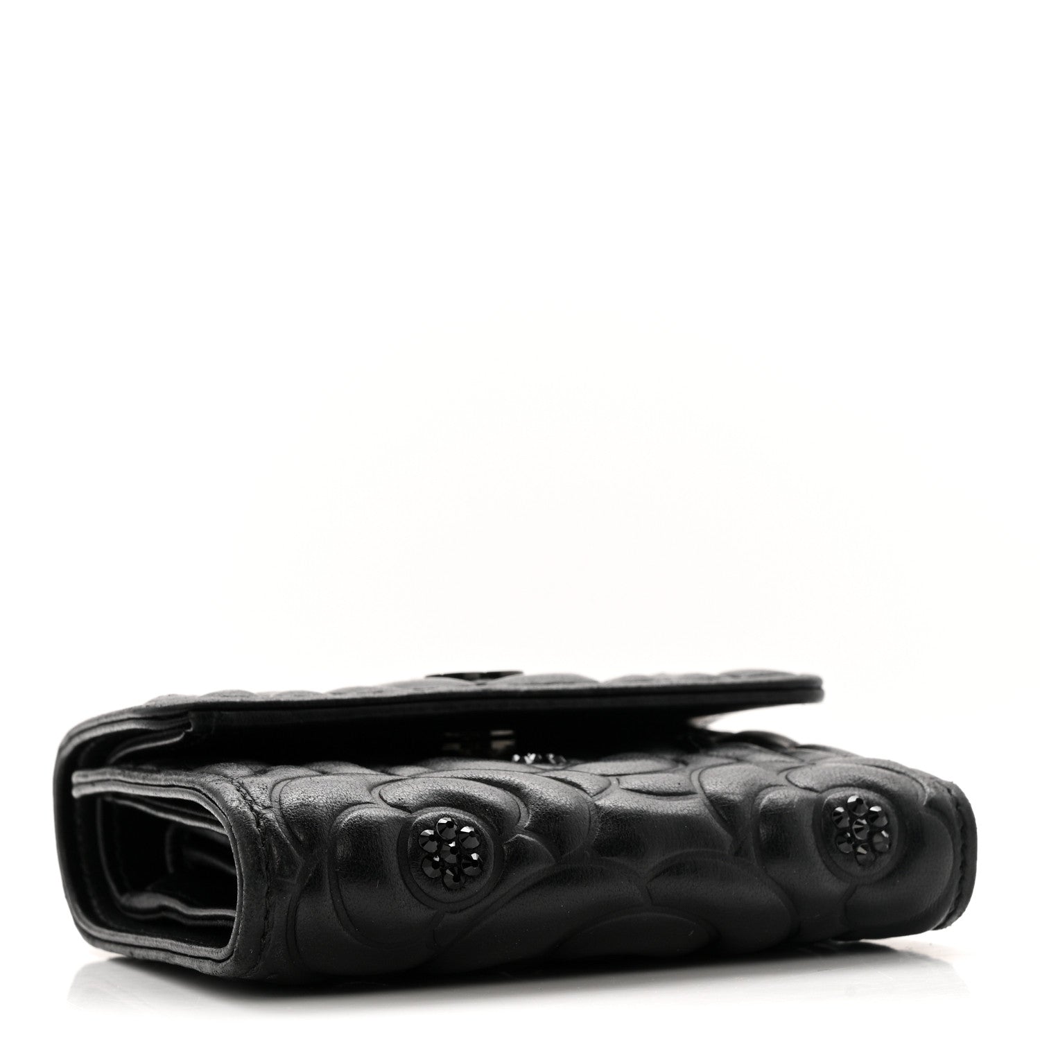 Chanel Lambskin Crystal Camellia Embossed Small Double Wallet Black 4 of 9