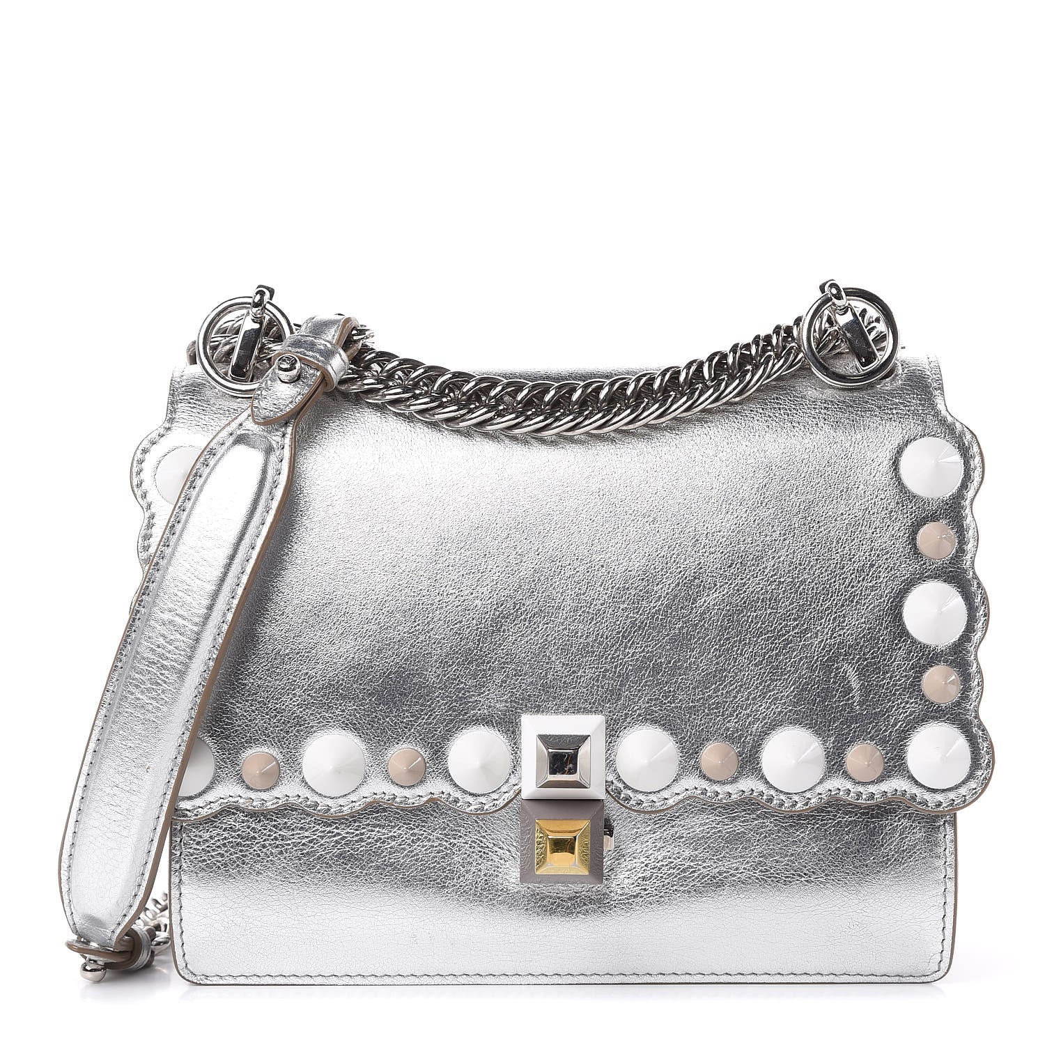 Fendi Vitello Catalan Mirror Scalloped Multi Studded Small Kan I Shoulder Bag Argento 1 of 10