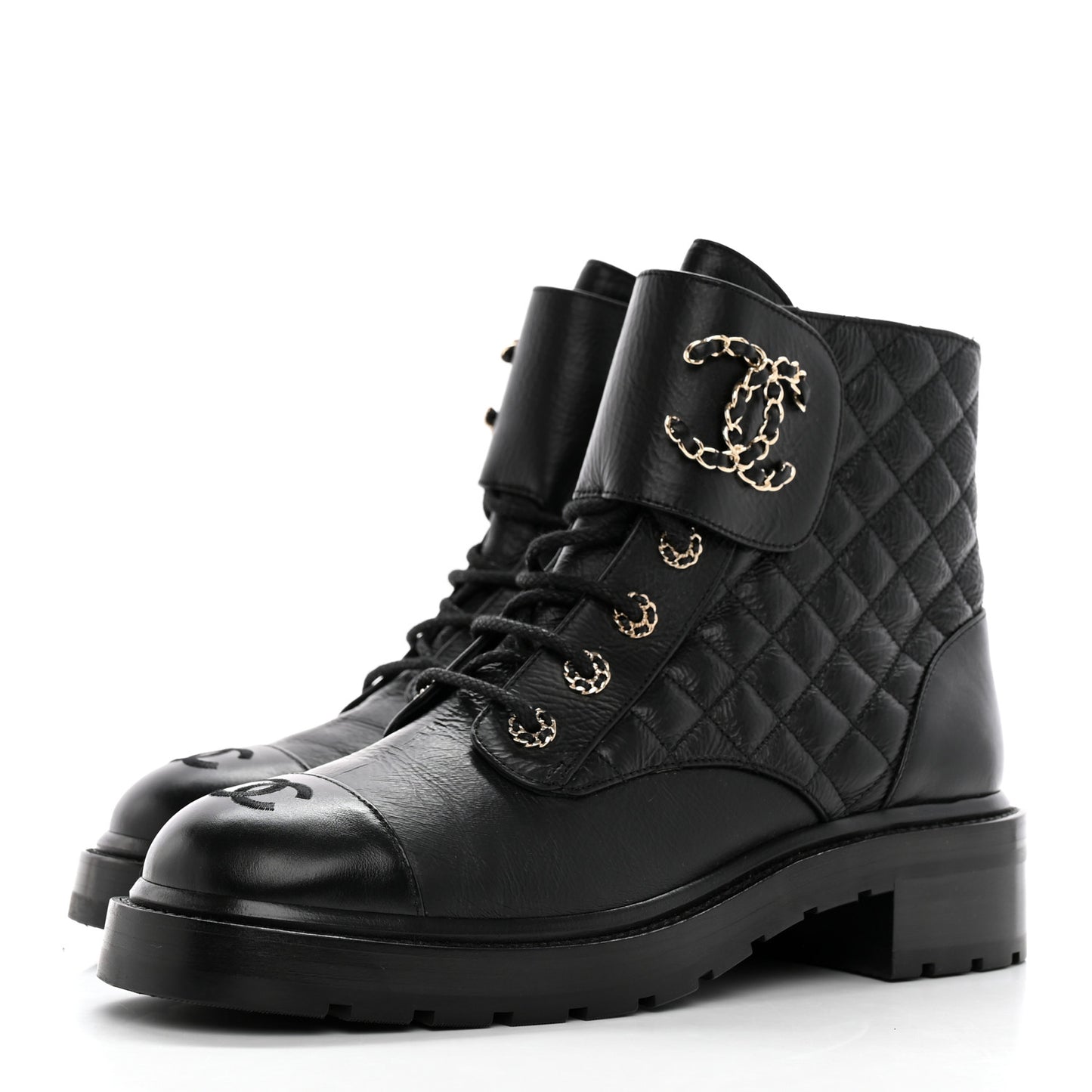 Shiny Lambskin Quilted Lace Up Combat Boots 42 Black