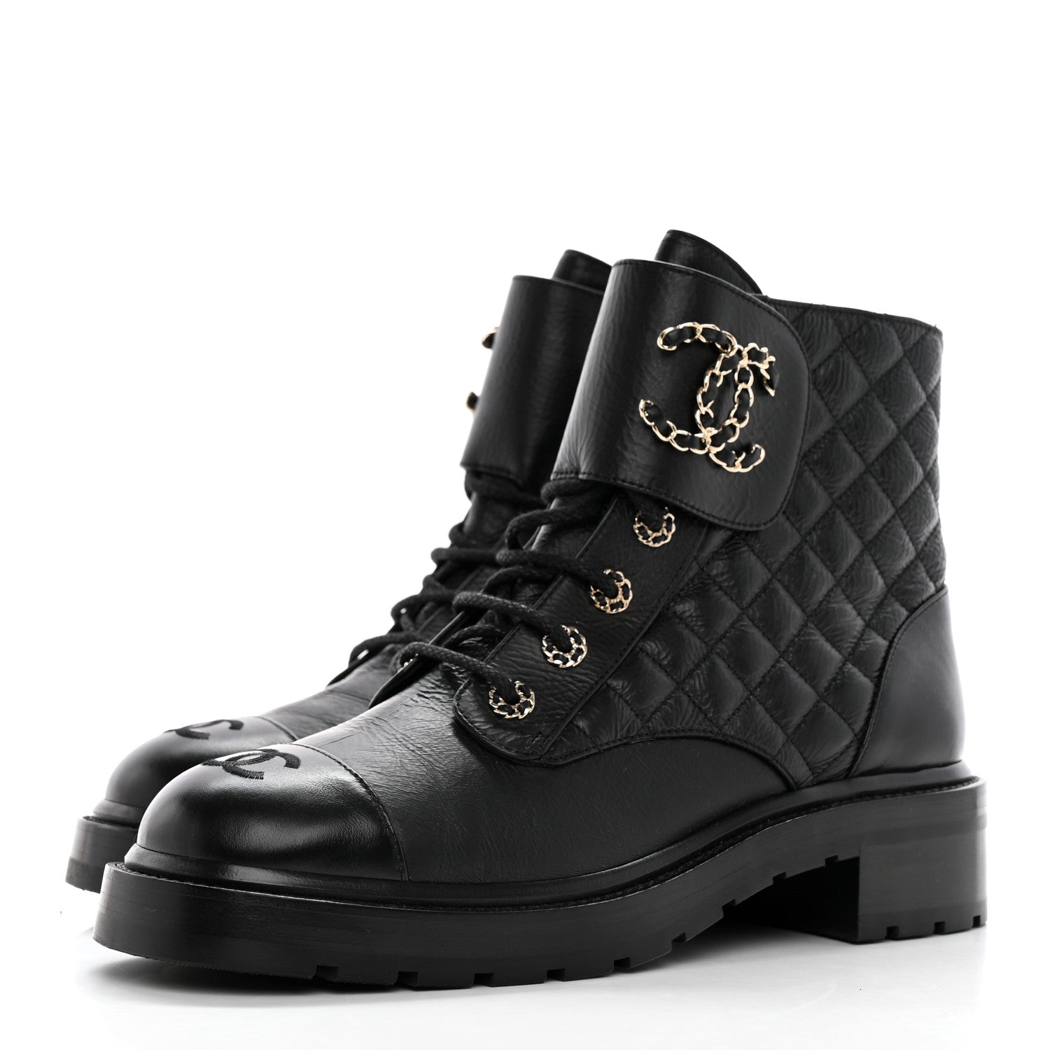 Chanel Shiny Lambskin Quilted Lace Up Combat Boots 42 Black 3 of 14