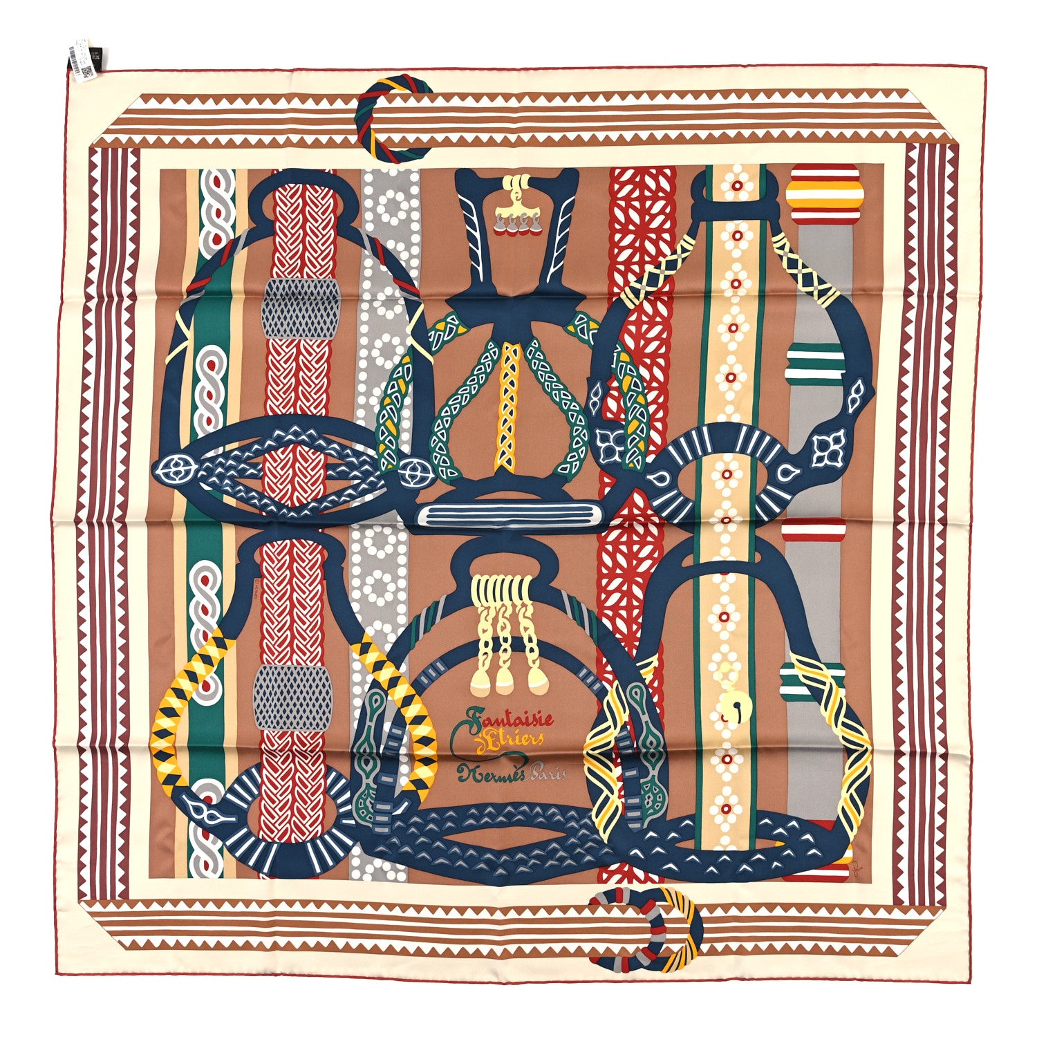 Hermes Silk Fantaisie D'etriers Scarf 90 Creme Noisette Marine 1 of 3