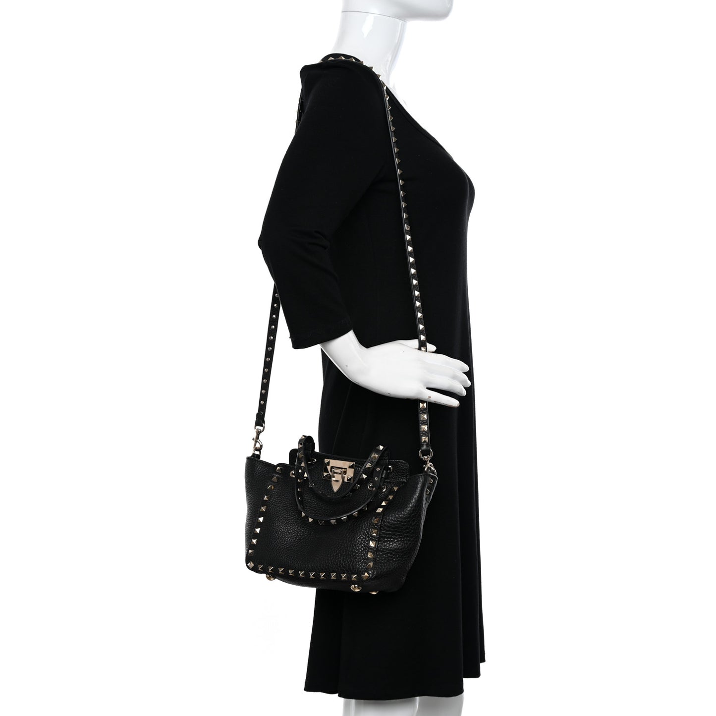 Pebbled Calfskin Mini Rockstud Tote Black