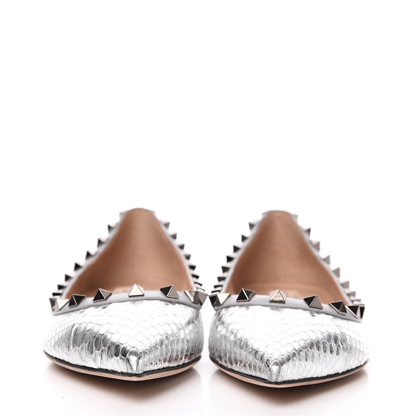 Metallic Elaphe Snakeskin Rockstud Ballerina Flats 37 Silver