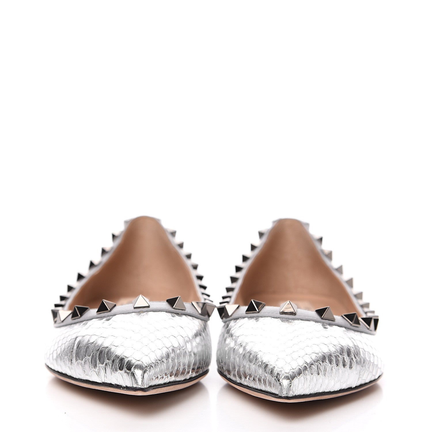 Valentino Garavani Metallic Elaphe Snakeskin Rockstud Ballerina Flats 37 Silver 2 of 8