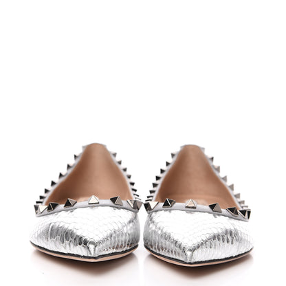 Valentino Garavani Metallic Elaphe Snakeskin Rockstud Ballerina Flats 37 Silver 2 of 8