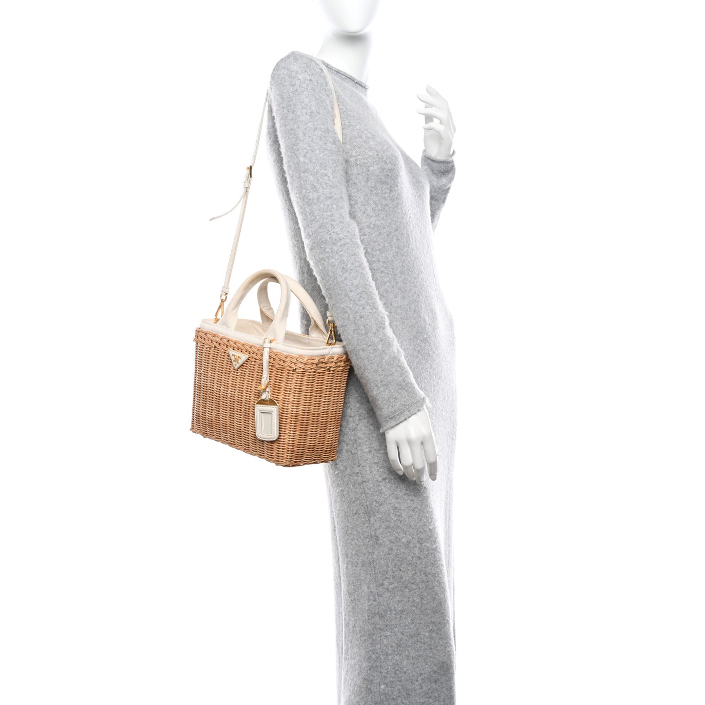 Canvas Wicker Shoulder Bag White Tan