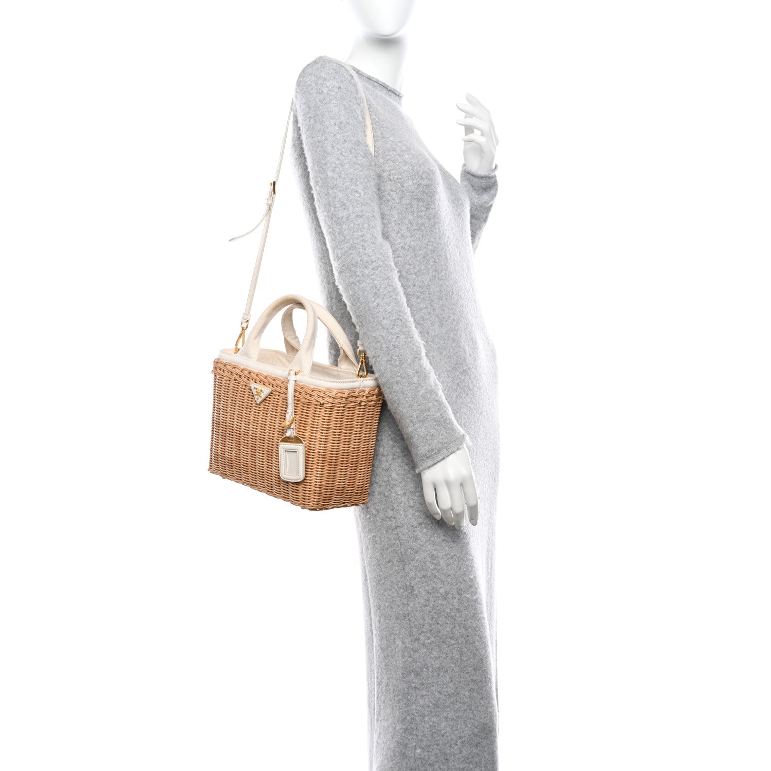 Prada Canvas Wicker Shoulder Bag White Tan 2 of 14