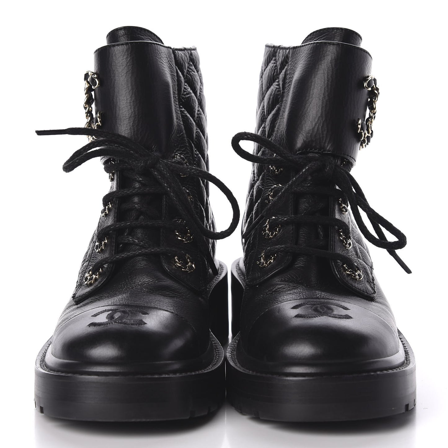 Shiny Goatskin Calfskin Quilted Lace Up Combat Boots 36 Black