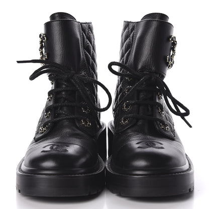 Chanel Shiny Goatskin Calfskin Quilted Lace Up Combat Boots 36 Black 3 of 8