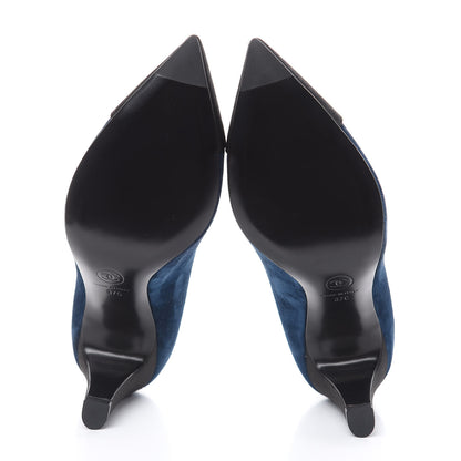 Chanel Suede Satin Cap Toe Gabrielle Pumps 37 Navy Black 5 of 10
