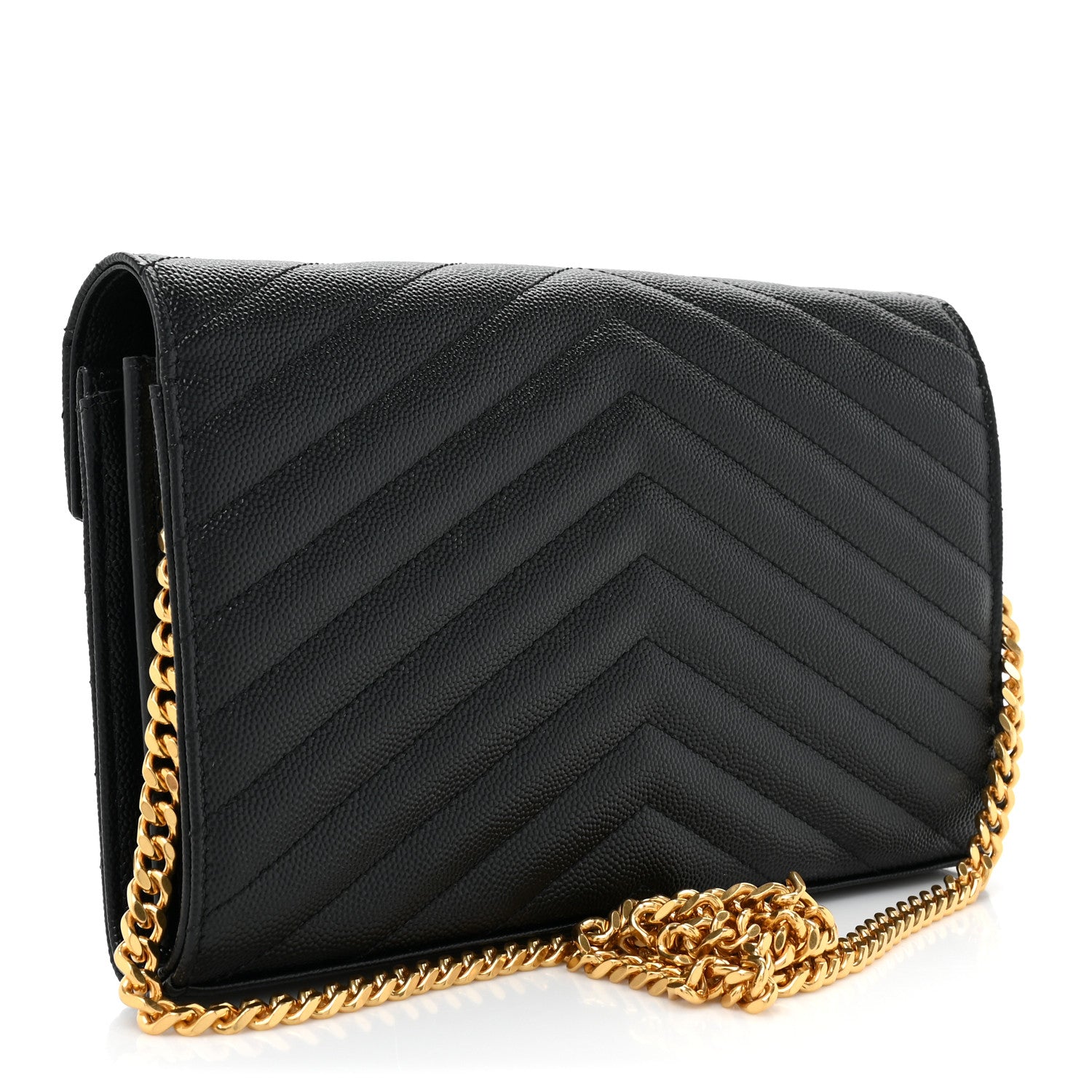 Saint Laurent Grain De Poudre Matelasse Chevron Monogram Chain Wallet Black 3 of 12
