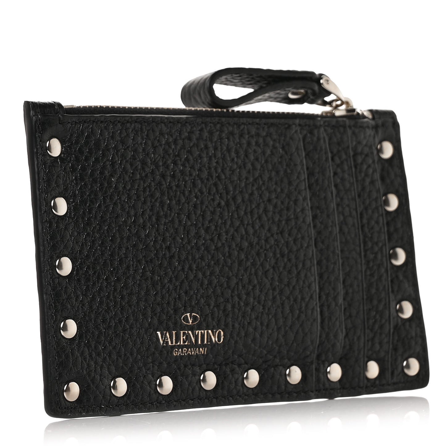Pebbled Calfskin Rockstud Coin Case Card Holder Black