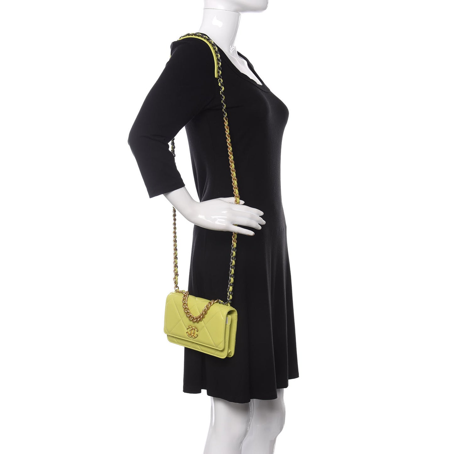 Shiny Lambskin Quilted Chanel 19 Wallet On Chain WOC Neon Yellow