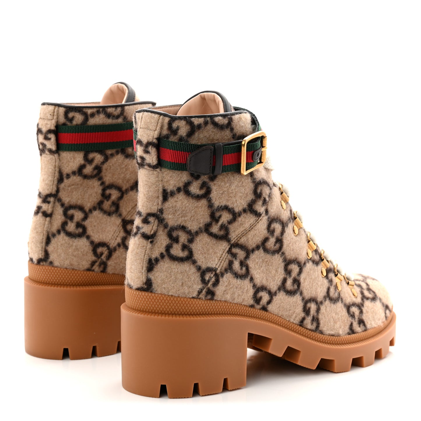 Covered Wool Big GG Monogram Womens Lace Up Combat Ankle Boots 39 Beige Ebony Cocoa