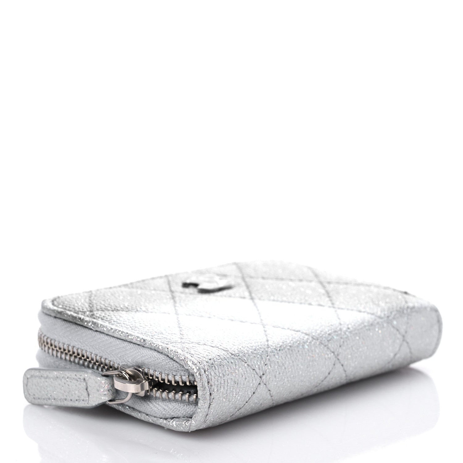 Chanel Glittered Metallic Caviar Quilted Zip Coin Purse Wallet Silver 4 of 8