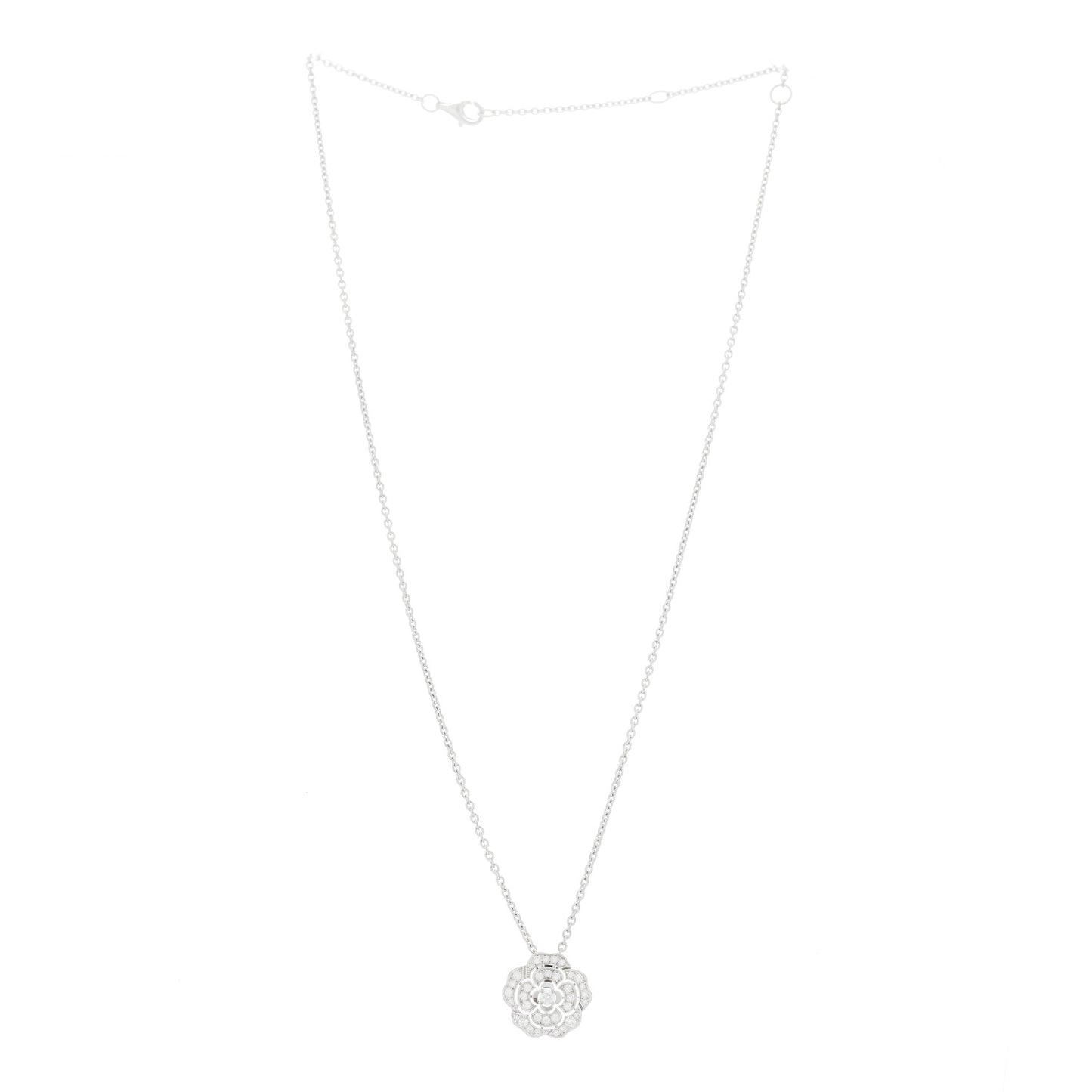 18K White Gold Diamond Bouton de Camelia Pendant Necklace