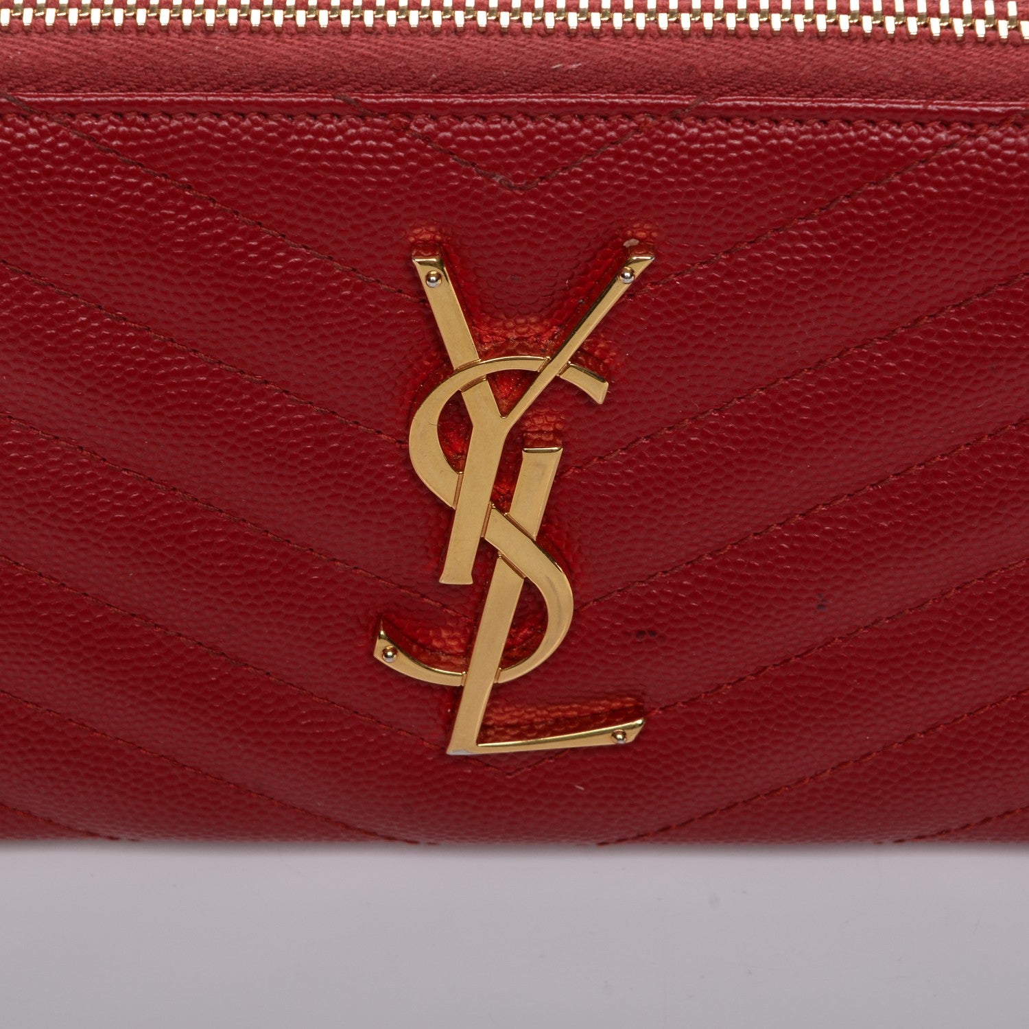 Saint Laurent Grain De Poudre Matelasse Chevron Monogram Zip Around Wallet Red 7 of 7