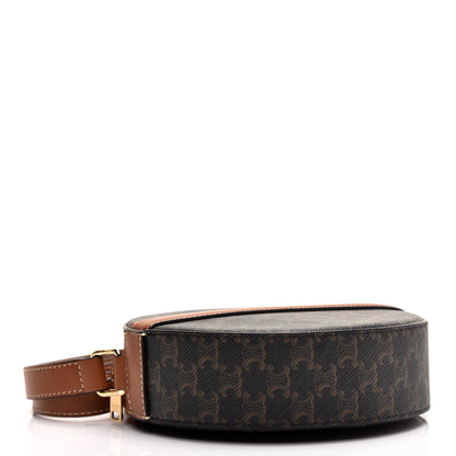 Celine Lambskin Triomphe Canvas Round Purse On Strap Black Tan 4 of 9