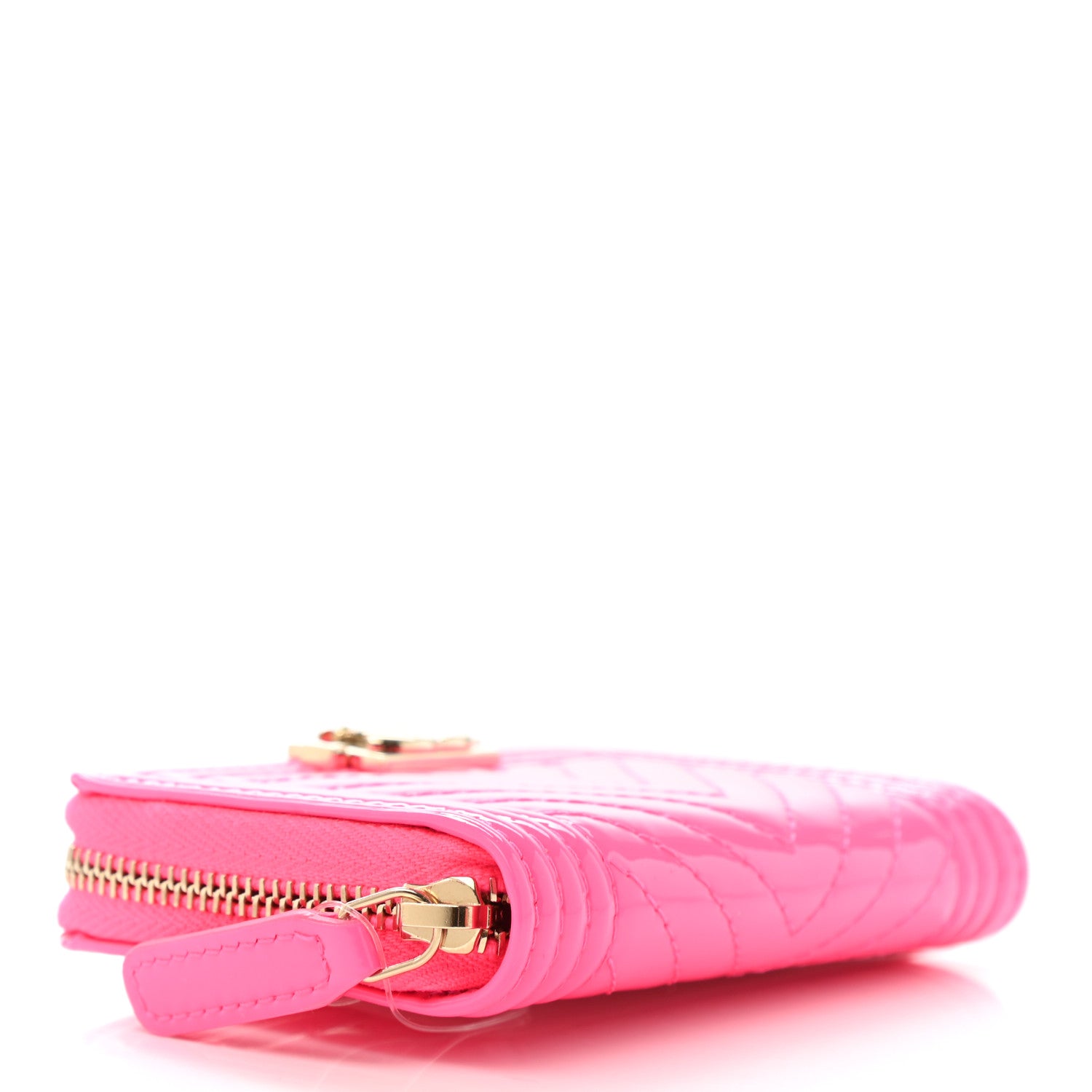 Chanel Patent Chevron Quilted Zip Around Boy Coin Purse Wallet Neon Pink 4 of 8
