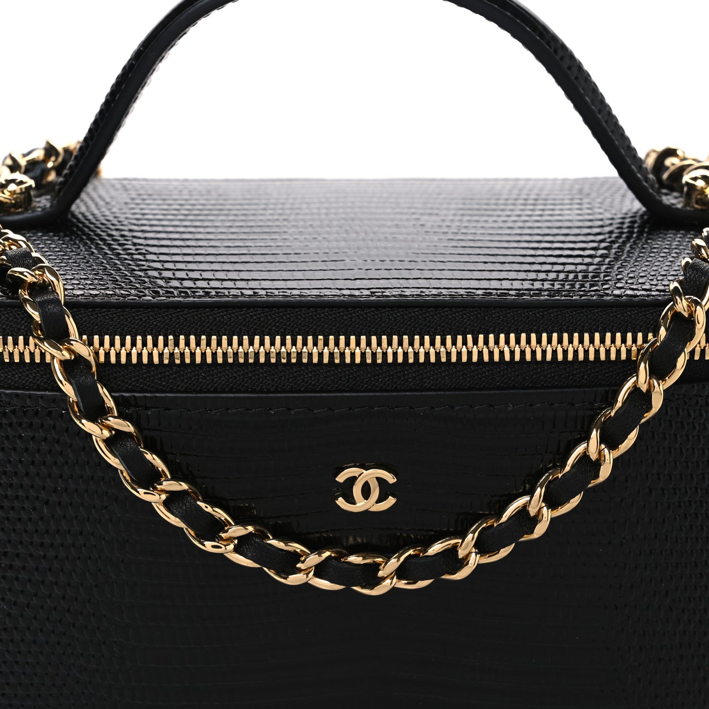 Calfskin Lizard Embossed Top Handle Vanity With Chain Black