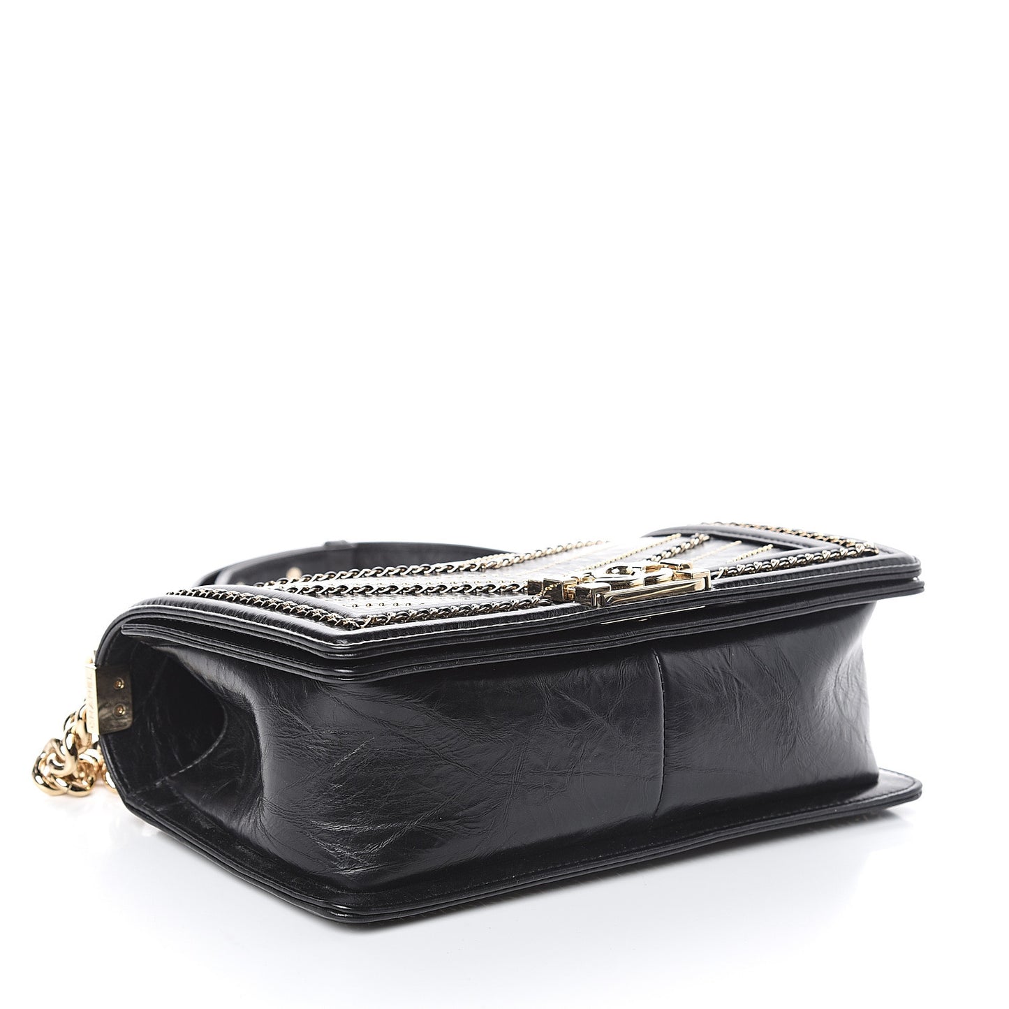 Crumpled Calfskin Chevron Chain Medium Boy Flap Black