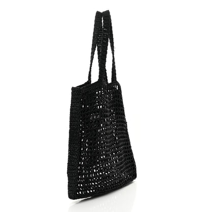 Prada Yarn Raffia Effect Crochet Logo Embroidered Tote Bag Black 3 of 9