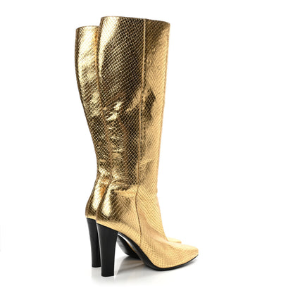 Saint Laurent Metallic Calfskin Python Embossed Tall Boots 38 Gold 4 of 11