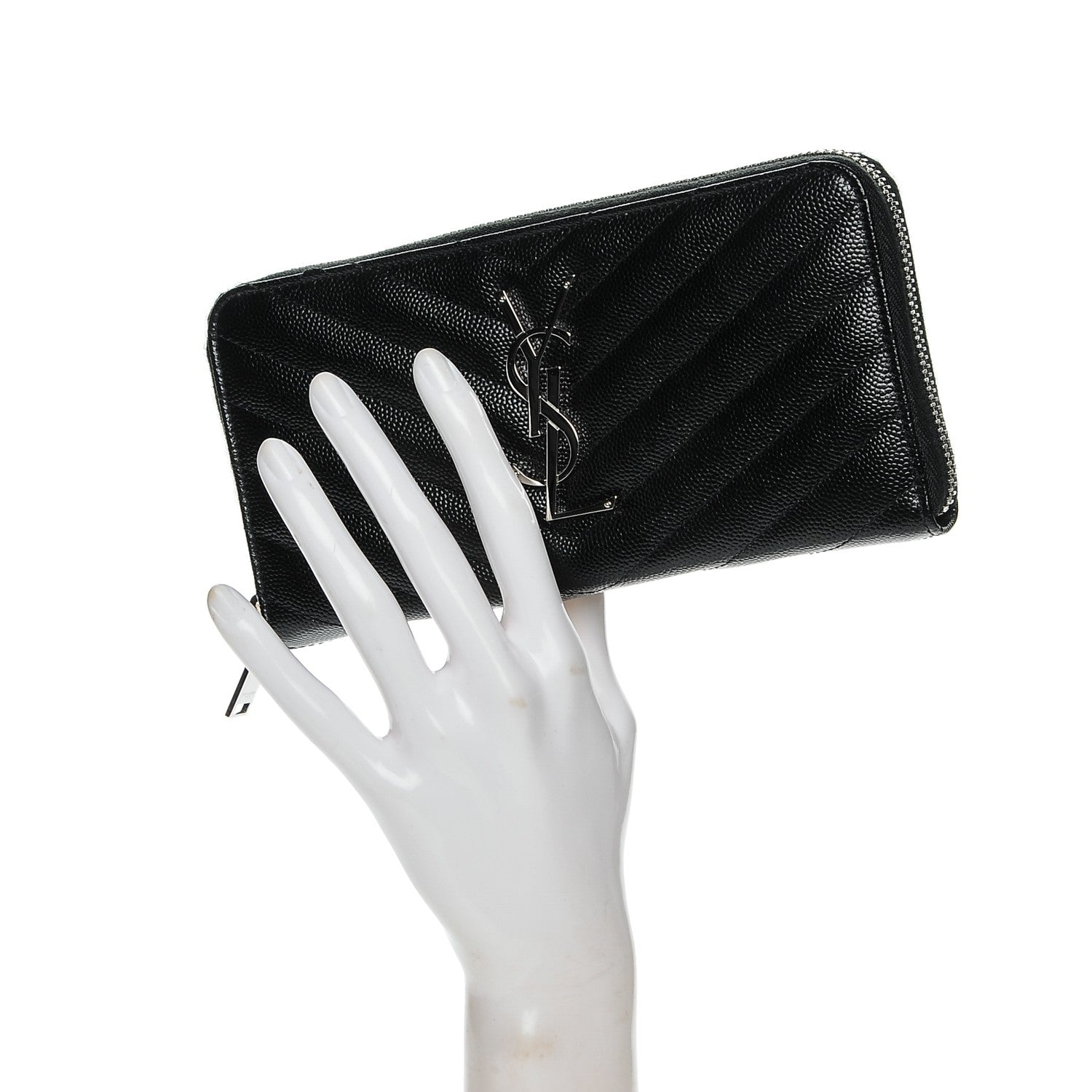 Saint Laurent Grain De Poudre Matelasse Chevron Monogram Zip Around Wallet Black 8 of 12
