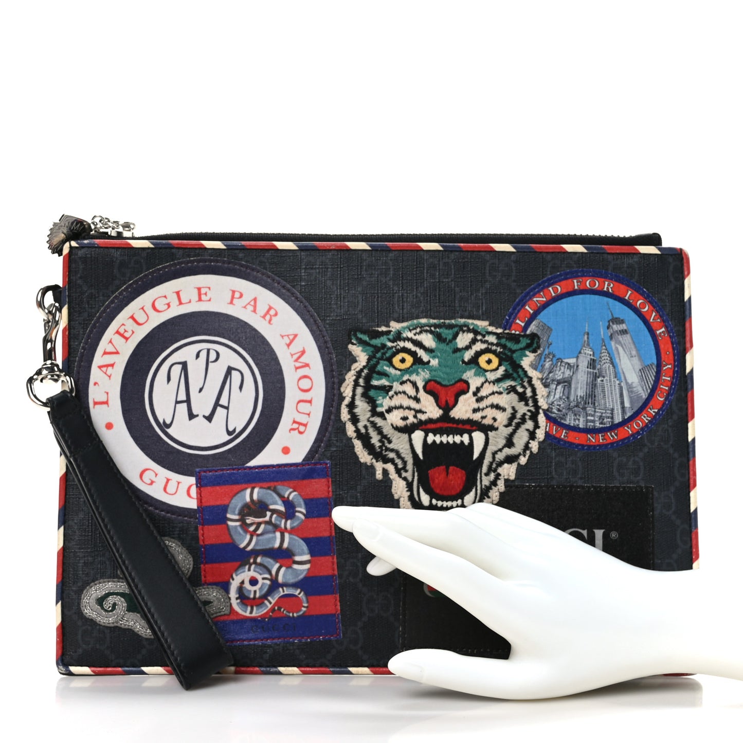 GG Supreme Monogram Night Courrier Zip Wristlet Pouch Black Multicolor