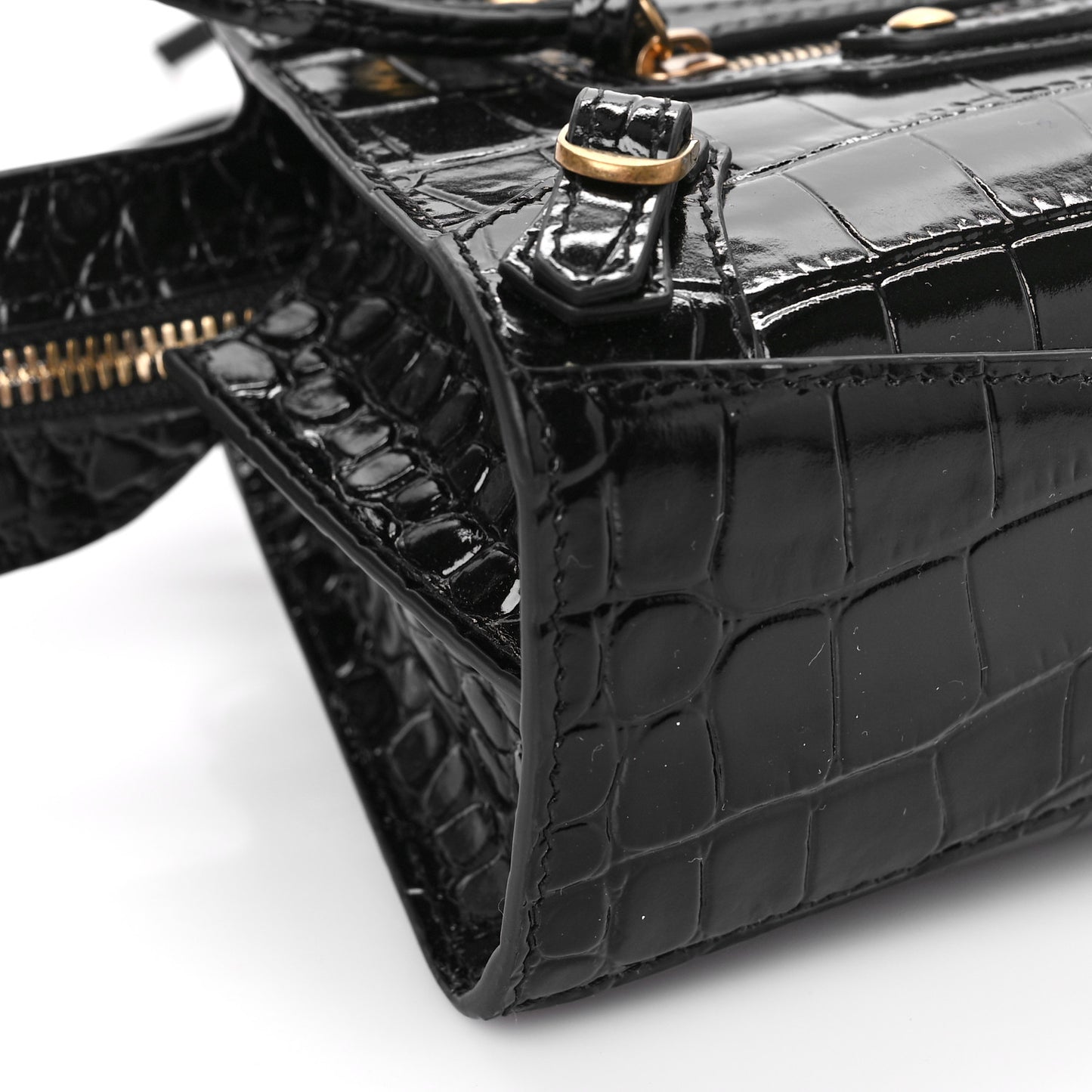 Shiny Supple Calfskin Crocodile Embossed Neo Classic Gold Hardware Nano City Crossbody Black