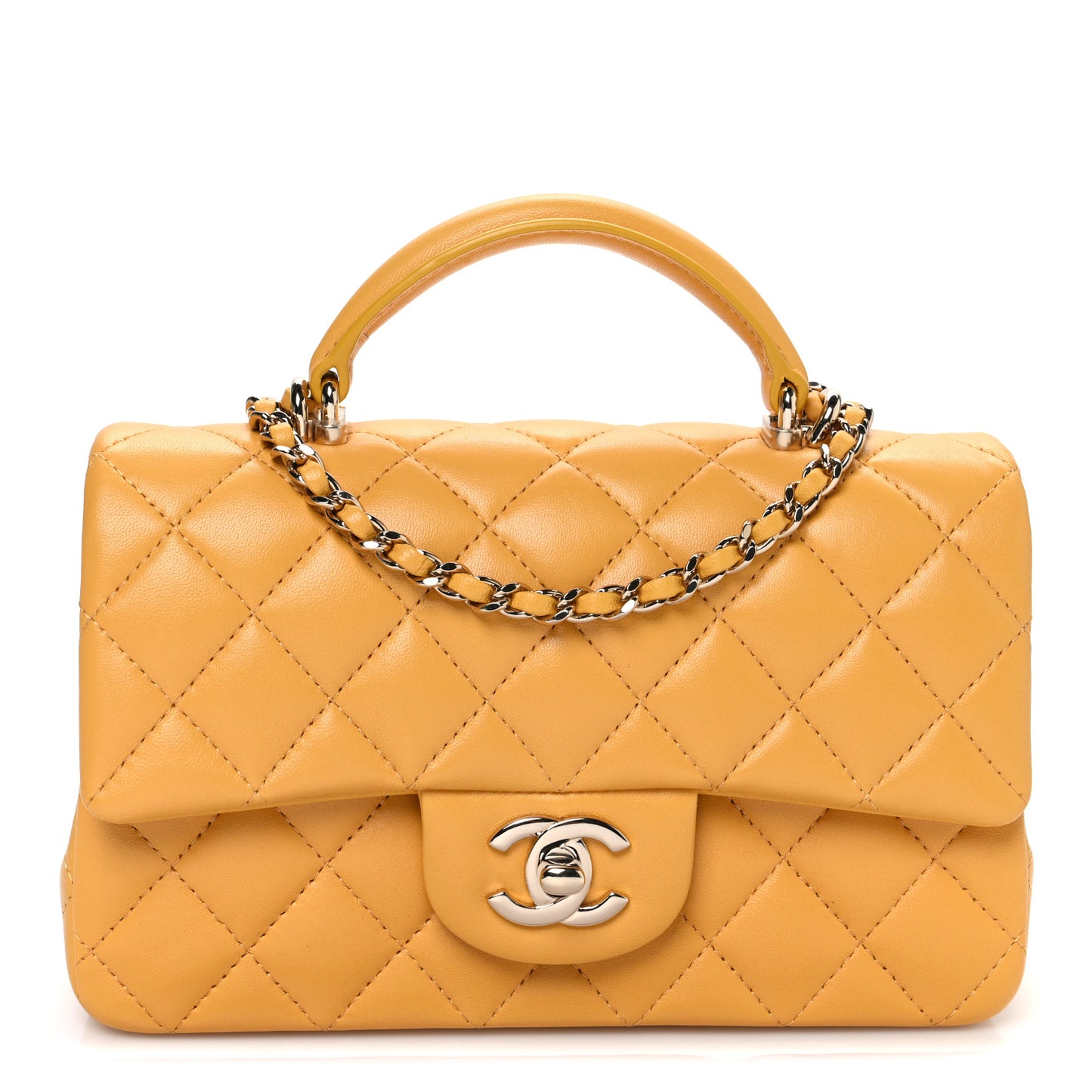 Lambskin Quilted Mini Top Handle Rectangular Flap Yellow