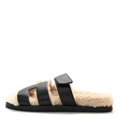 Hermes Calfskin Woolskin Womens Chypre Sandals 36 Black Ecru 1 of 12