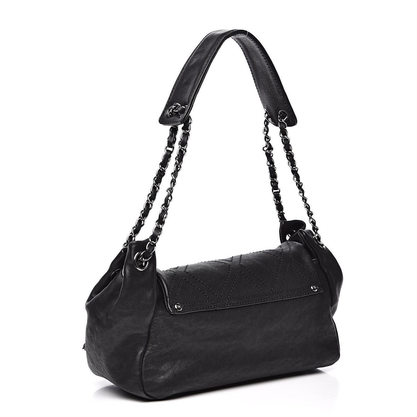 Calfskin Diamond Stitch Accordion Flap Black