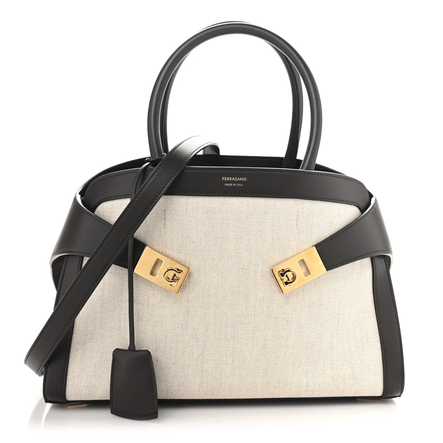 Salvatore Ferragamo Calfskin Canvas Small Hug Bag Natural Testa Di Moro 1 of 9