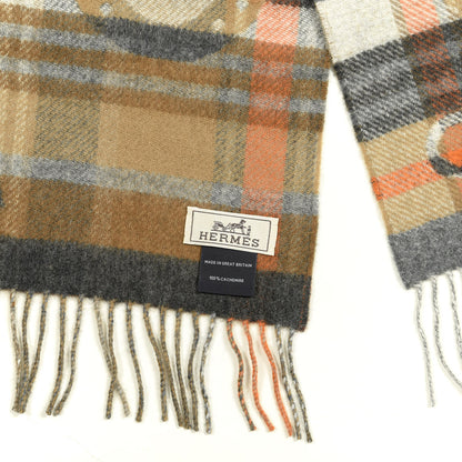 Hermes Cashmere HER-MES Tartan Muffler Camel Beige Orange Gris 3 of 3