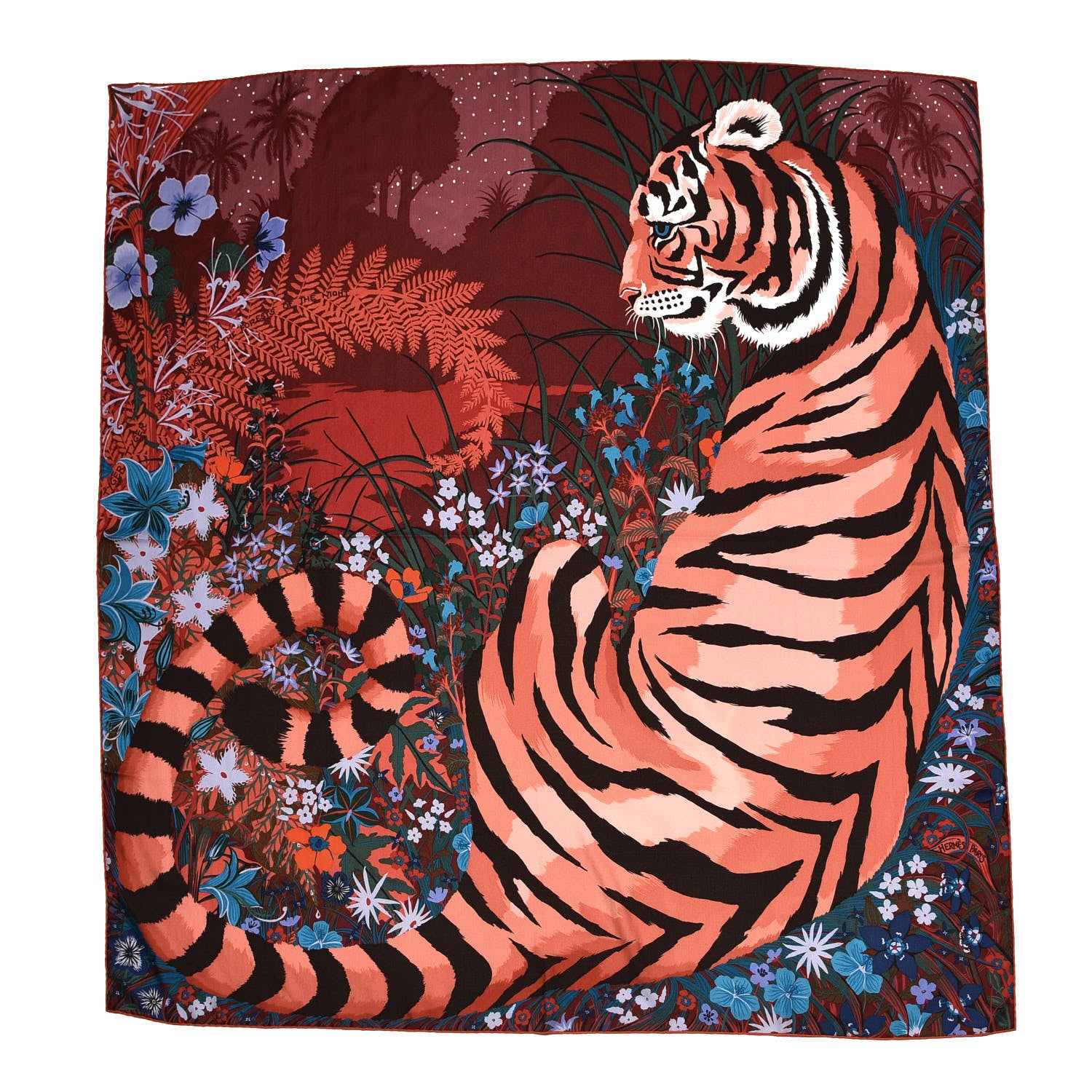 Hermes Cashmere Silk Tyger Tyger Shawl 140 Bordeaux Bleu Corail 1 of 5