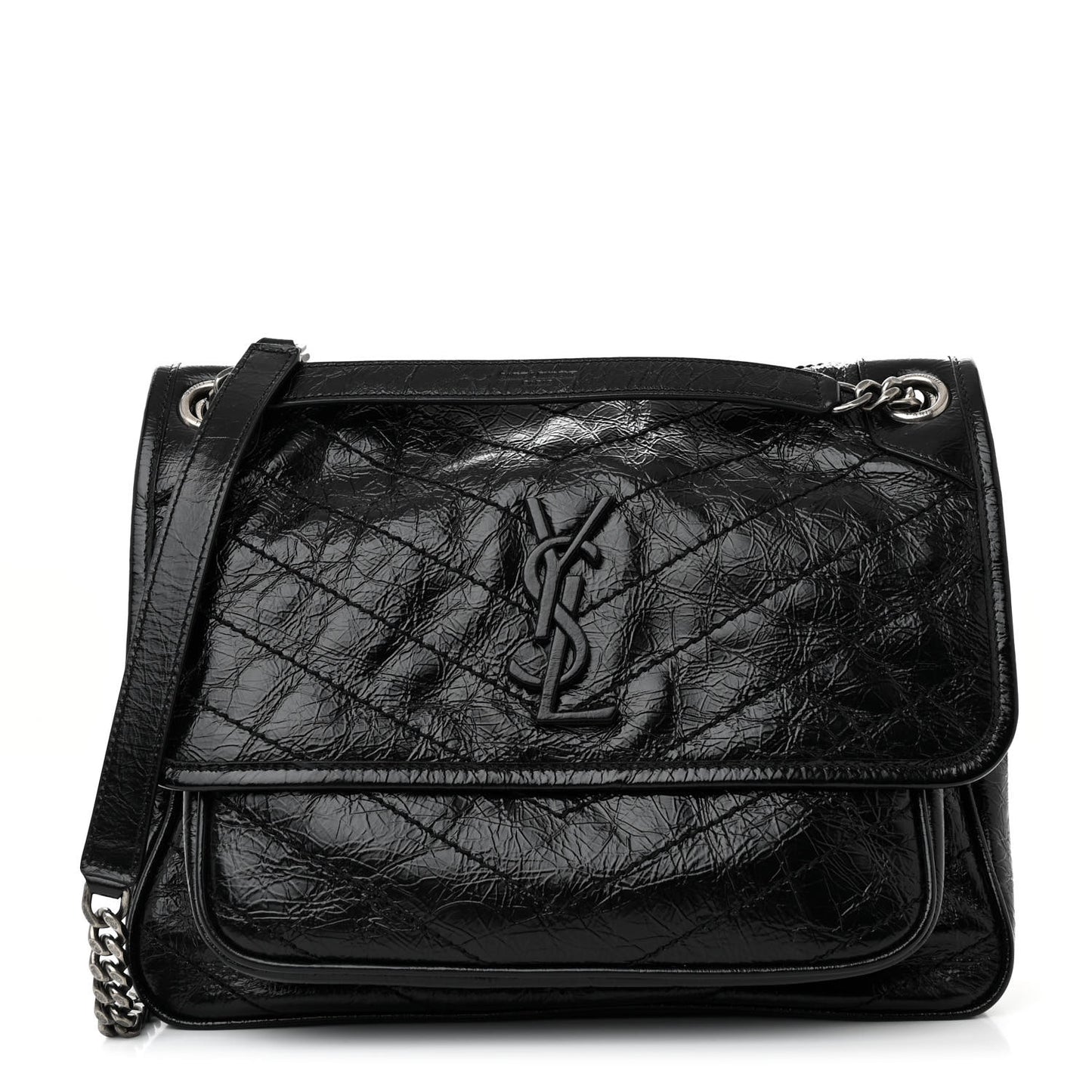 Crinkled Calfskin Matelasse Monogram Medium Niki Chain Satchel Black