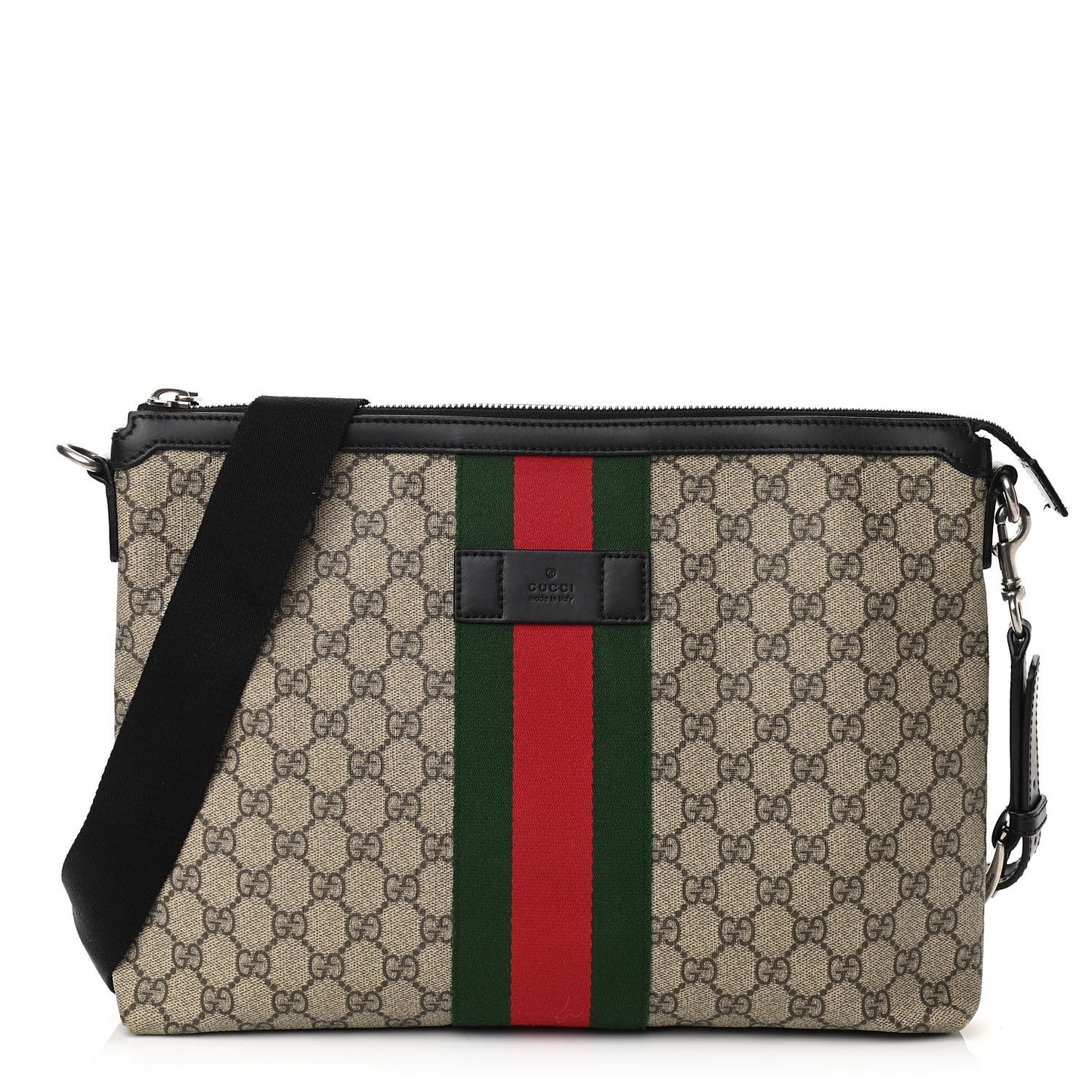 GG Supreme Monogram Calfskin Web Medium Flat Messenger Bag Beige Ebony Black