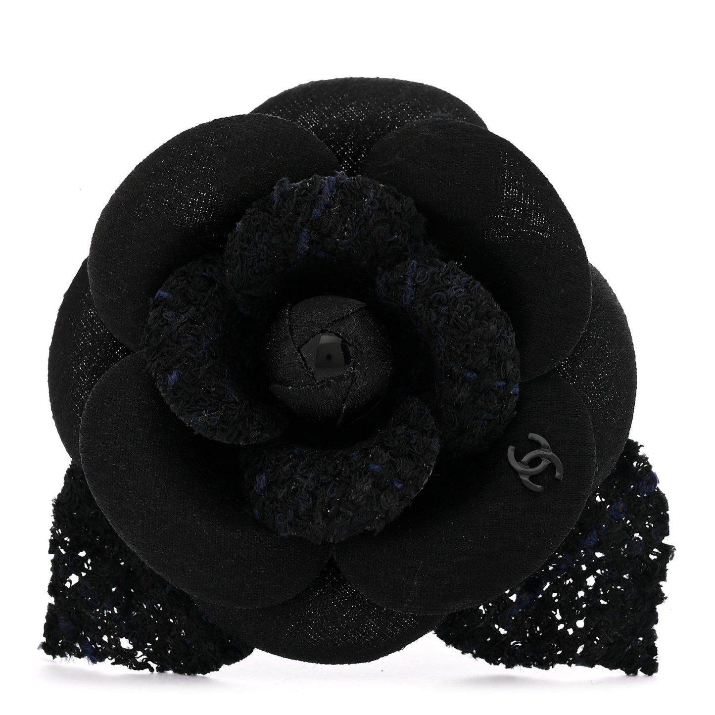 Tweed Fabric Camellia Pin Brooch Navy Blue Black