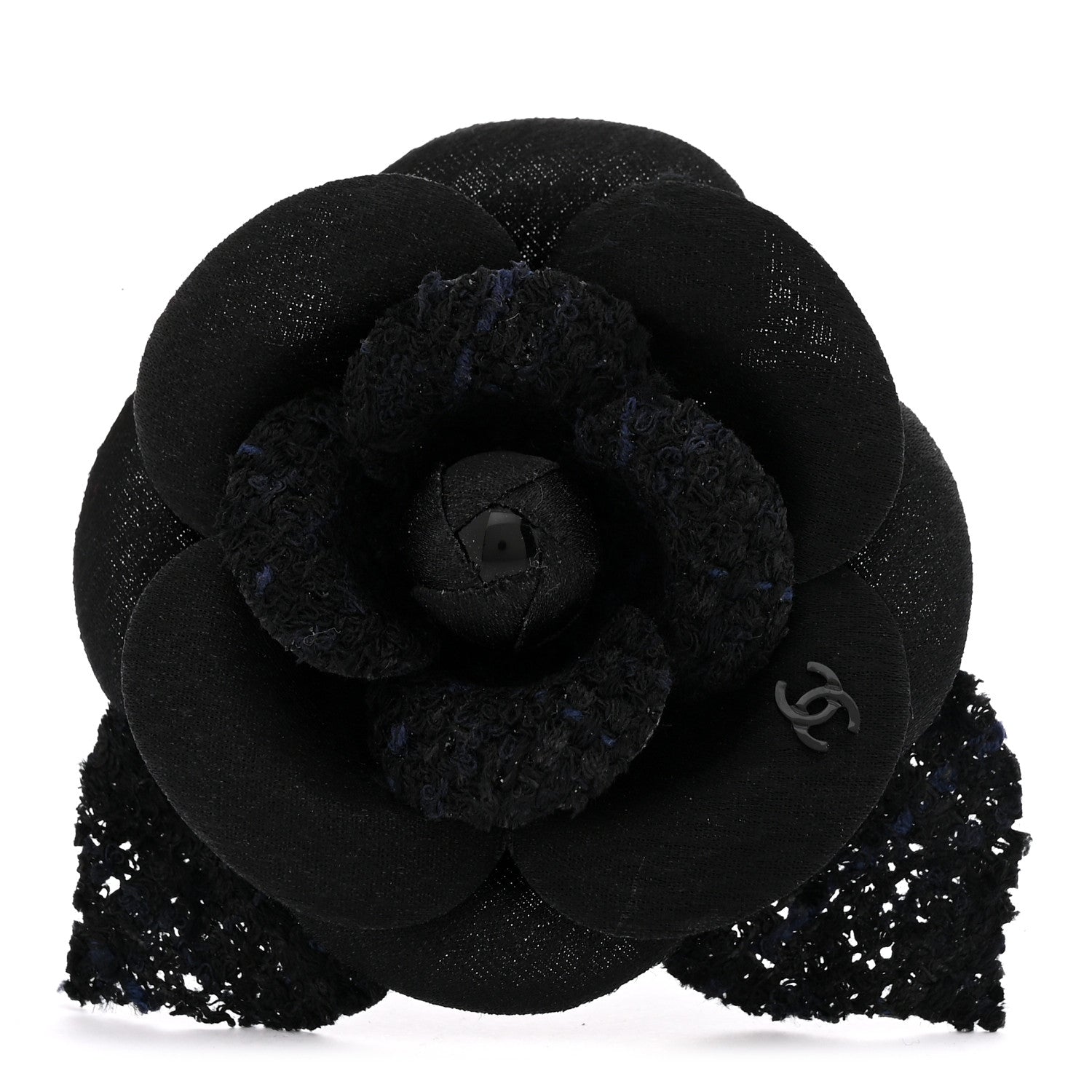 Chanel Tweed Fabric Camellia Pin Brooch Navy Blue Black 1 of 3