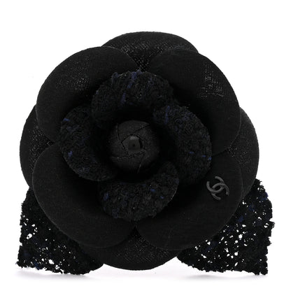 Chanel Tweed Fabric Camellia Pin Brooch Navy Blue Black 1 of 3