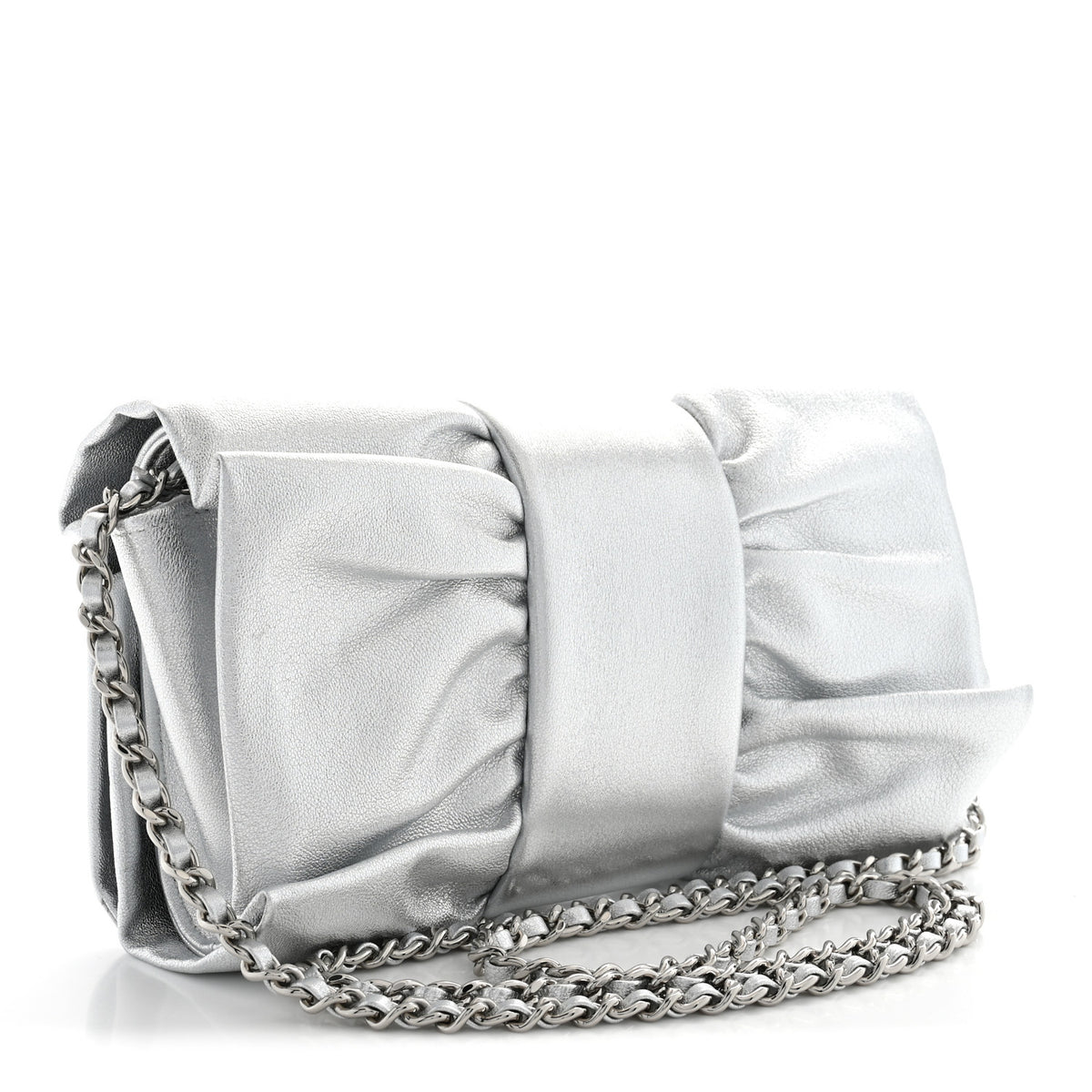 Chanel Metallic Lambskin Tie My Bow Flap Clutch With Chain Silver 3 of 10