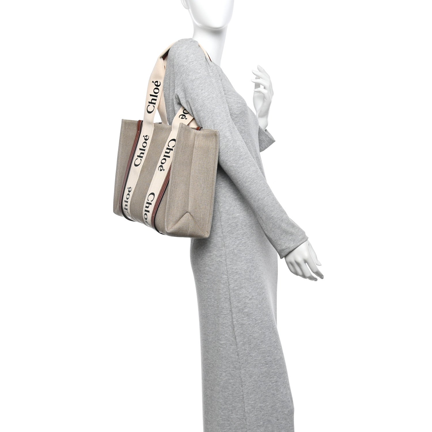 Chloe Linen Calfskin Medium Woody Ribbon Tote White Brown 2 of 10