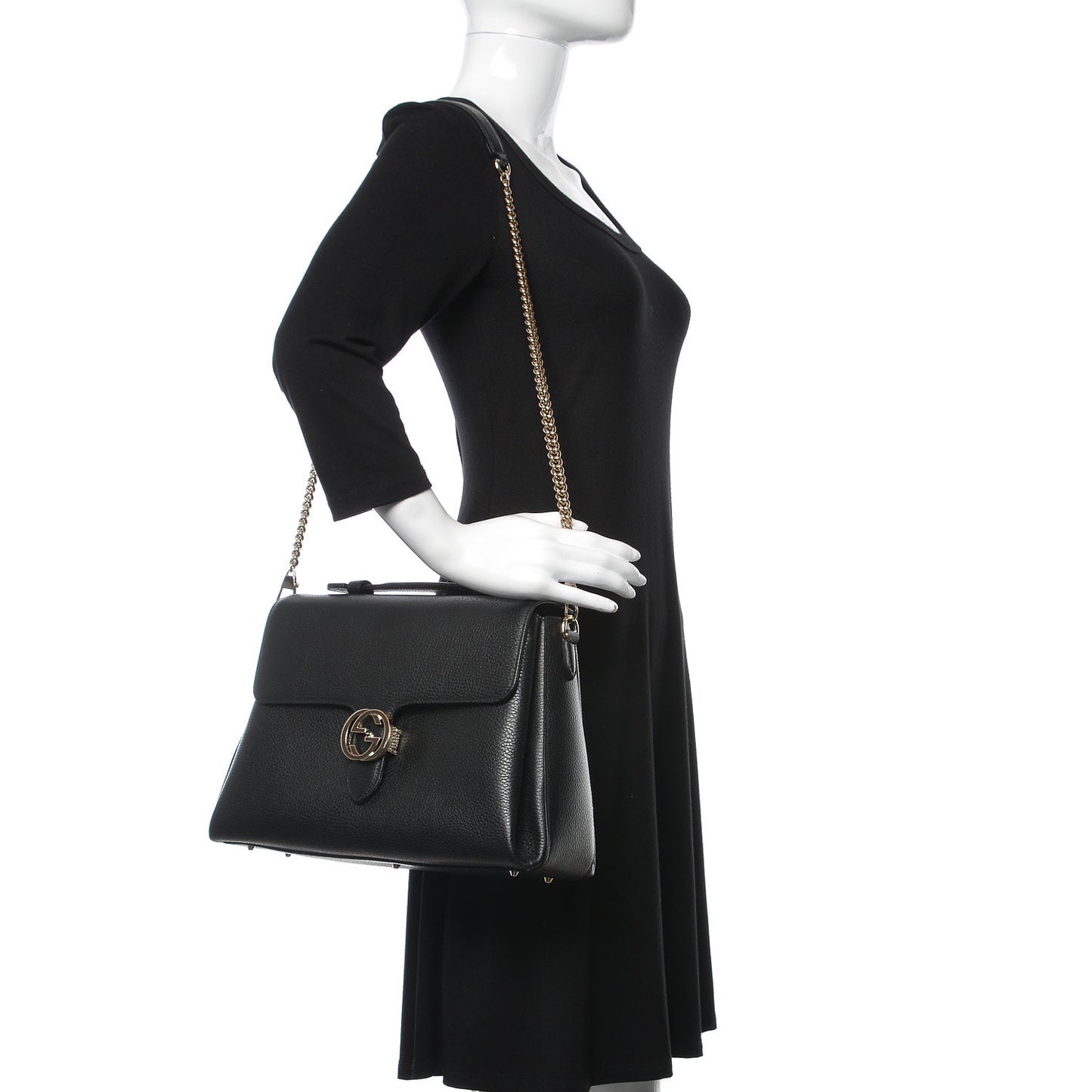 Dollar Calfskin Medium Interlocking G Top Handle Shoulder Bag Black
