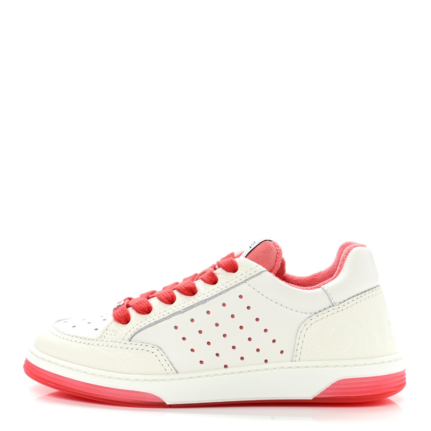 Chanel Grained Calfskin Fabric Womens Logo Sneakers 35 White Red 1 of 7