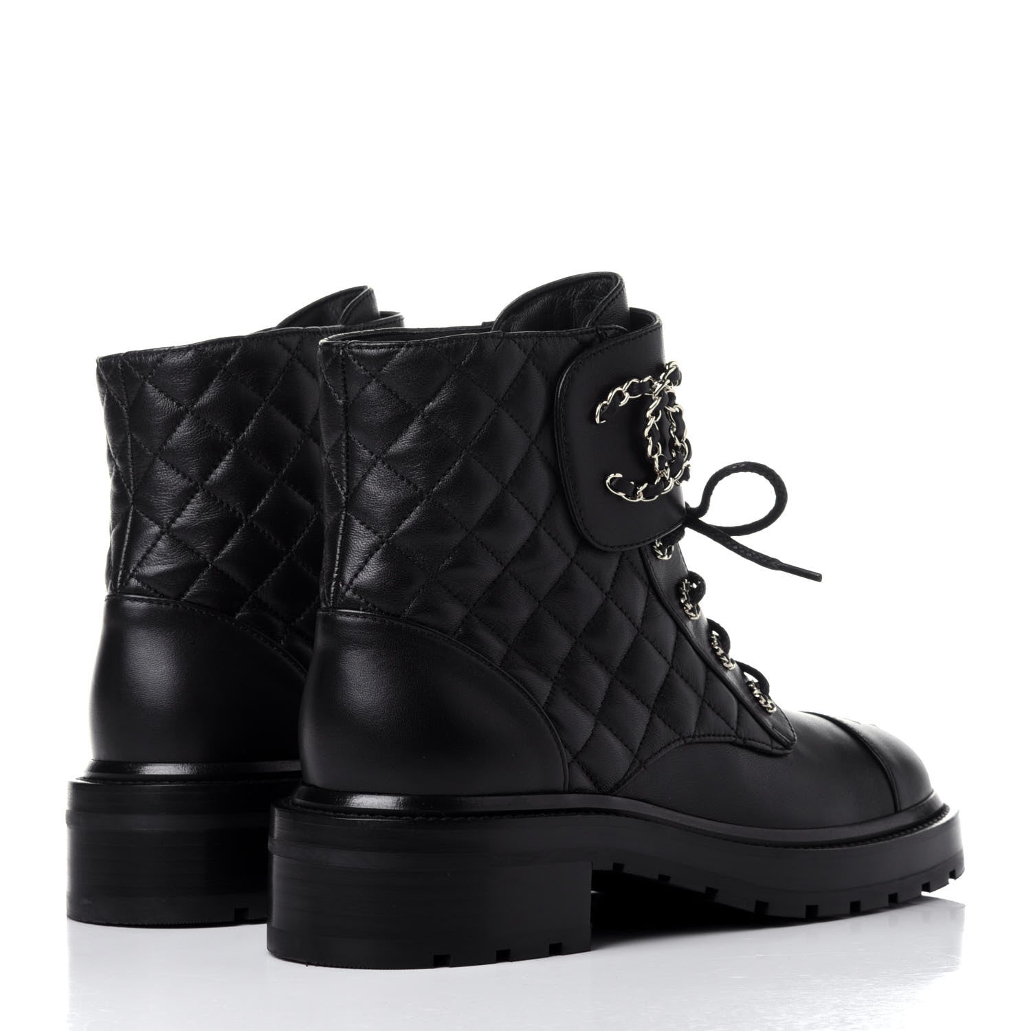 Chanel Shiny Lambskin Quilted Lace Up Combat Boots 39.5 Black 4 of 12