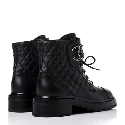 Chanel Shiny Lambskin Quilted Lace Up Combat Boots 39.5 Black 4 of 12